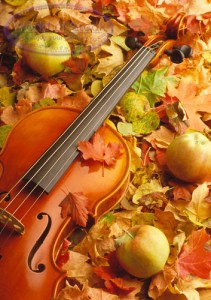 Fiddle in fall foilage (and apples).