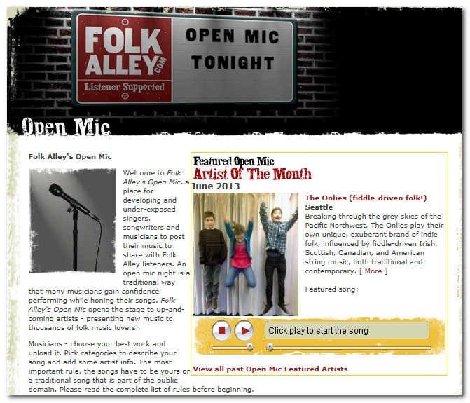 Onlies are Folk Alley's Open Mic Artist of the Month, June 2013!